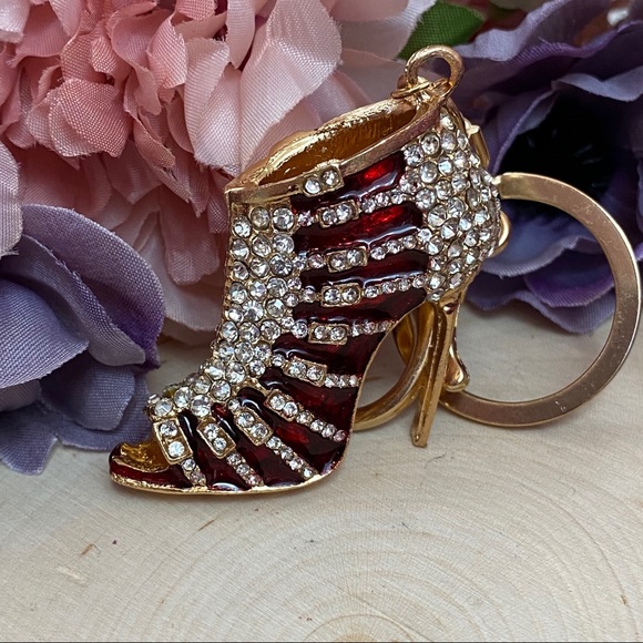 Red & Gold Crystal High Heel Shoe on Gold Keychain - Picture 5 of 8